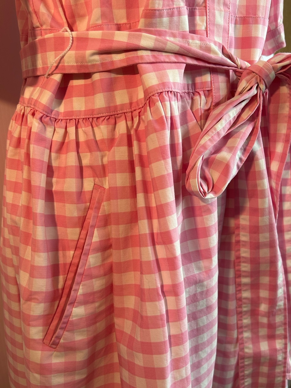 Pink & White Gingham button front belted summer dress 12 - Picture 4 of 13
